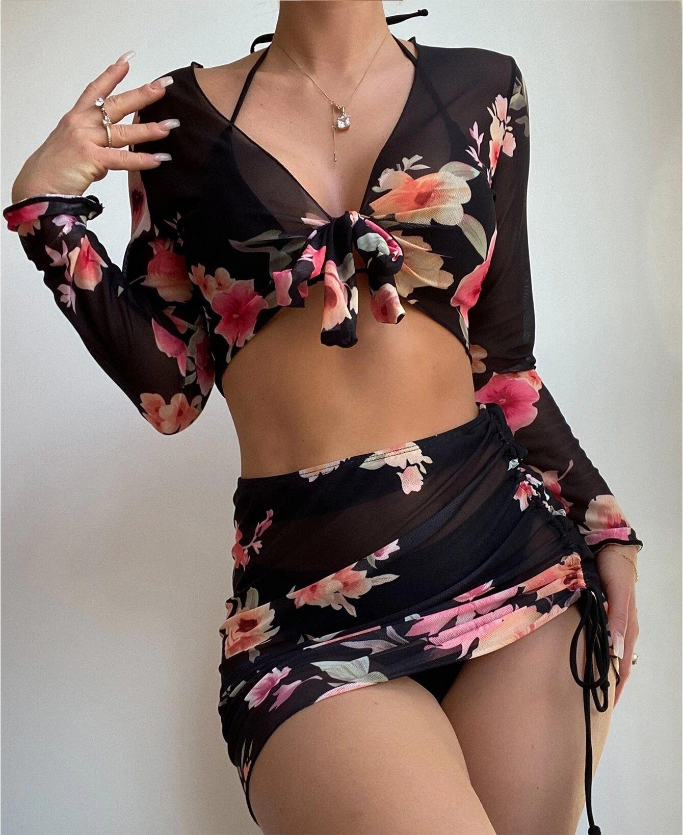 Four Piece Swimsuit Sexy Split Printed Mesh Long Sleeve Swimsuit High Profile Figure Bella Mia